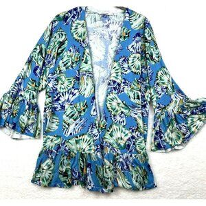 Chicos Women's Cardigan Large Open Blue White Sea Shells Linen Blend Tropical